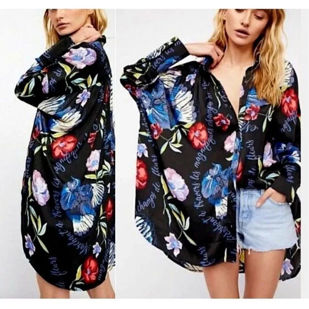 Free People black floral bird print long sleeve button front top SP